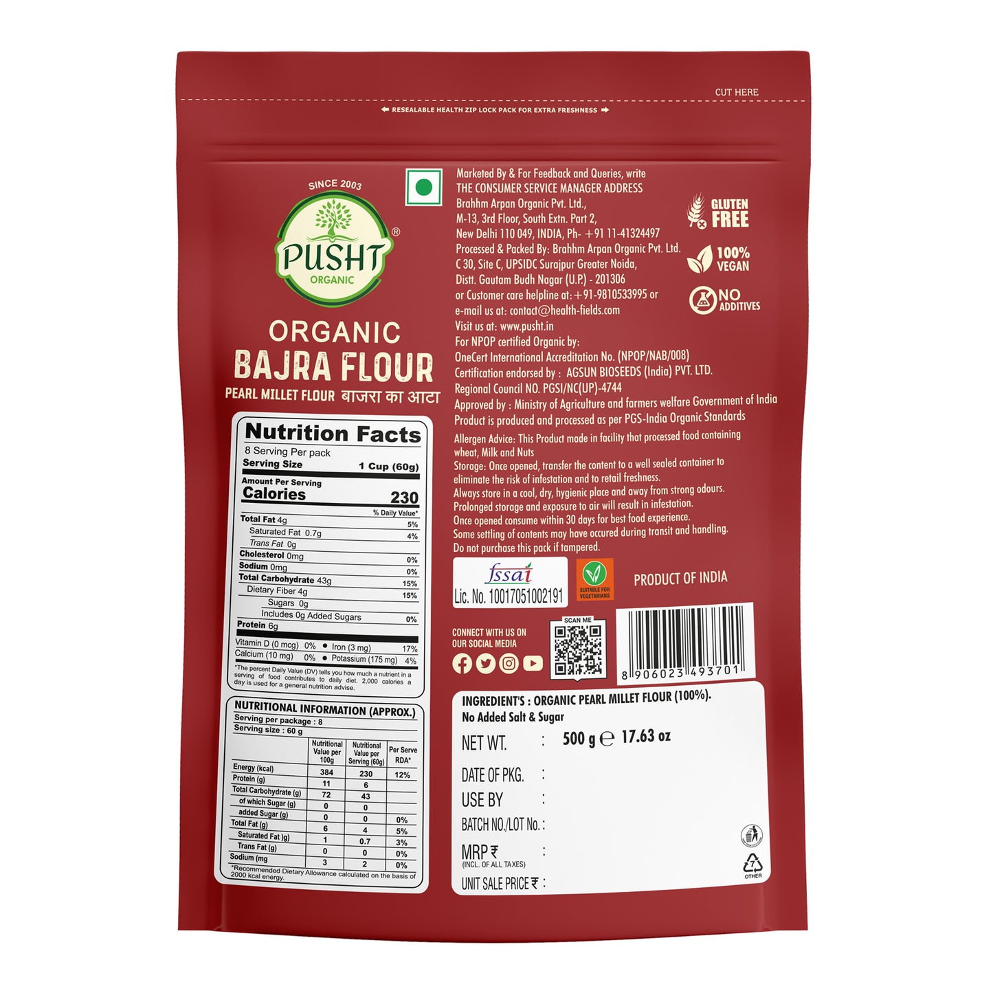 Pusht Organic Bajra flour 500gm