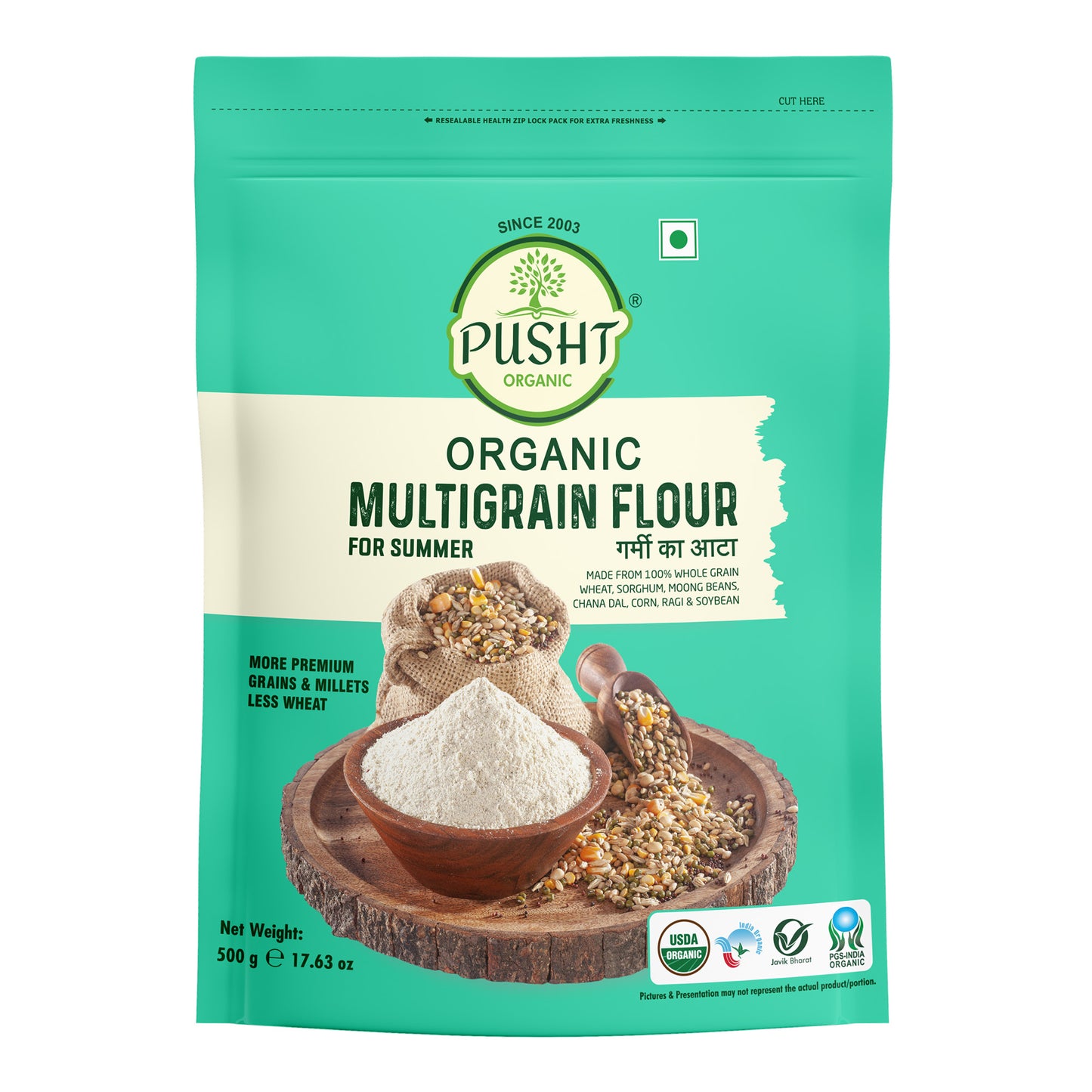 Pusht Organic Multi Grain Atta - Summer 500gm x 2 - 1Kg