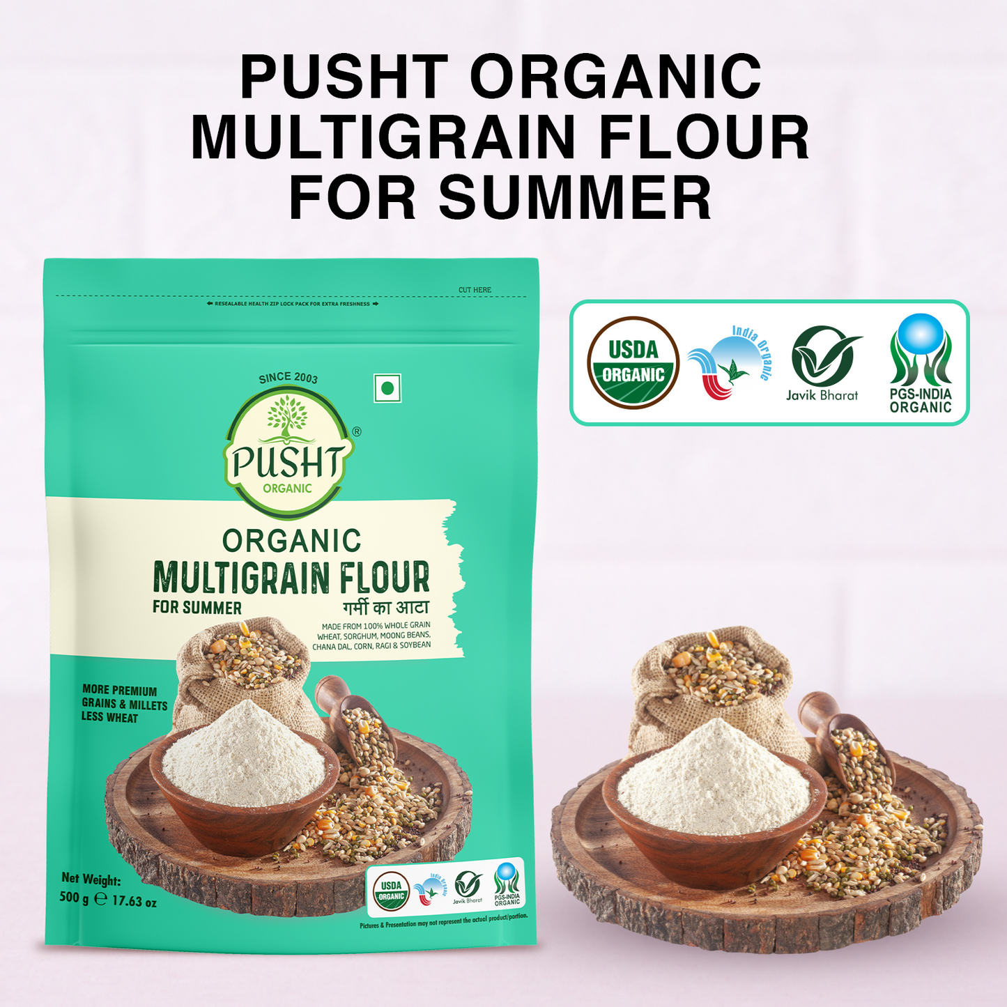 Pusht Organic Multi Grain Atta - Summer 500gm x 2 - 1Kg