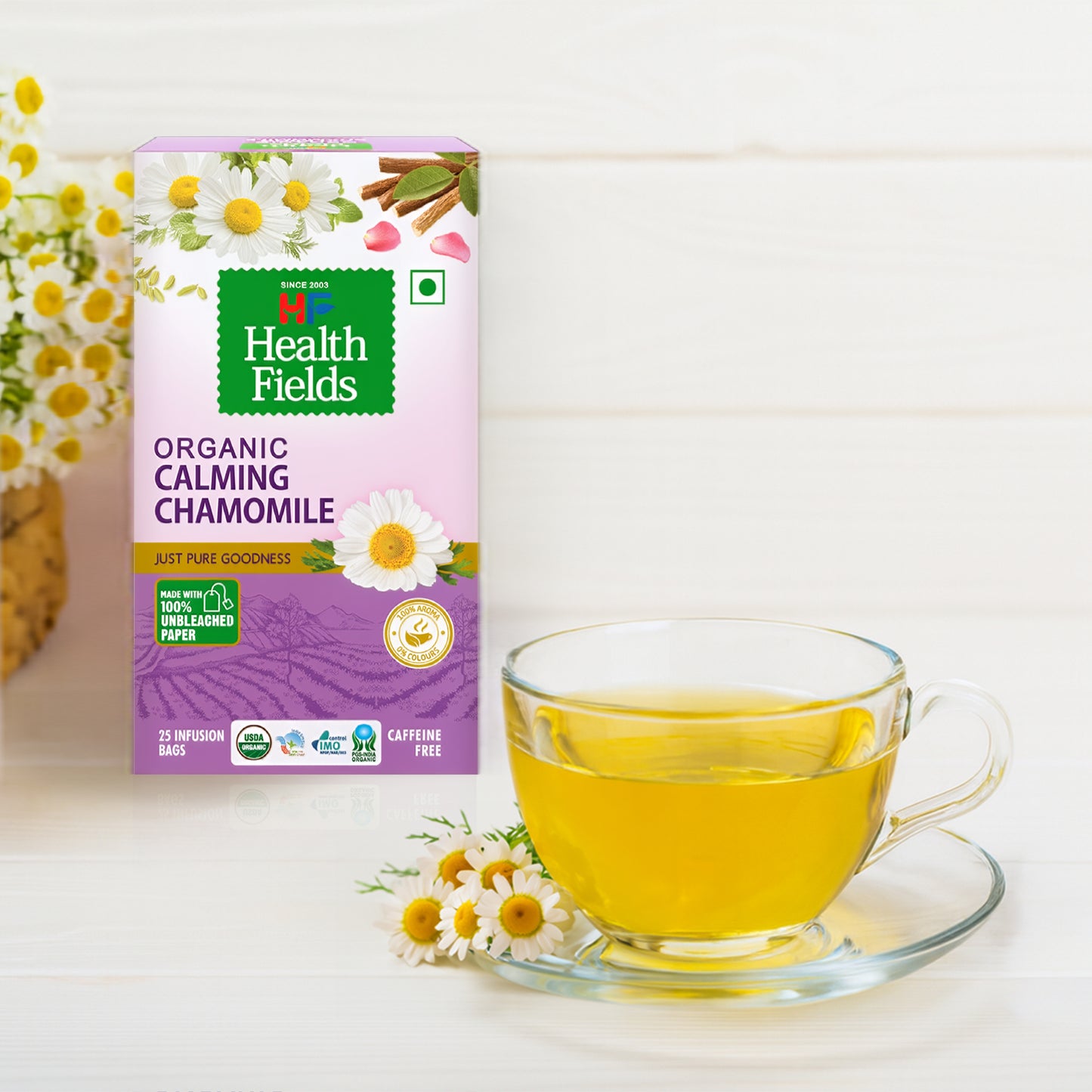 HealthFields Organic Calming Chamomile | Herbal Infusion Tea | Caffeine Free | 25 Tea Bags