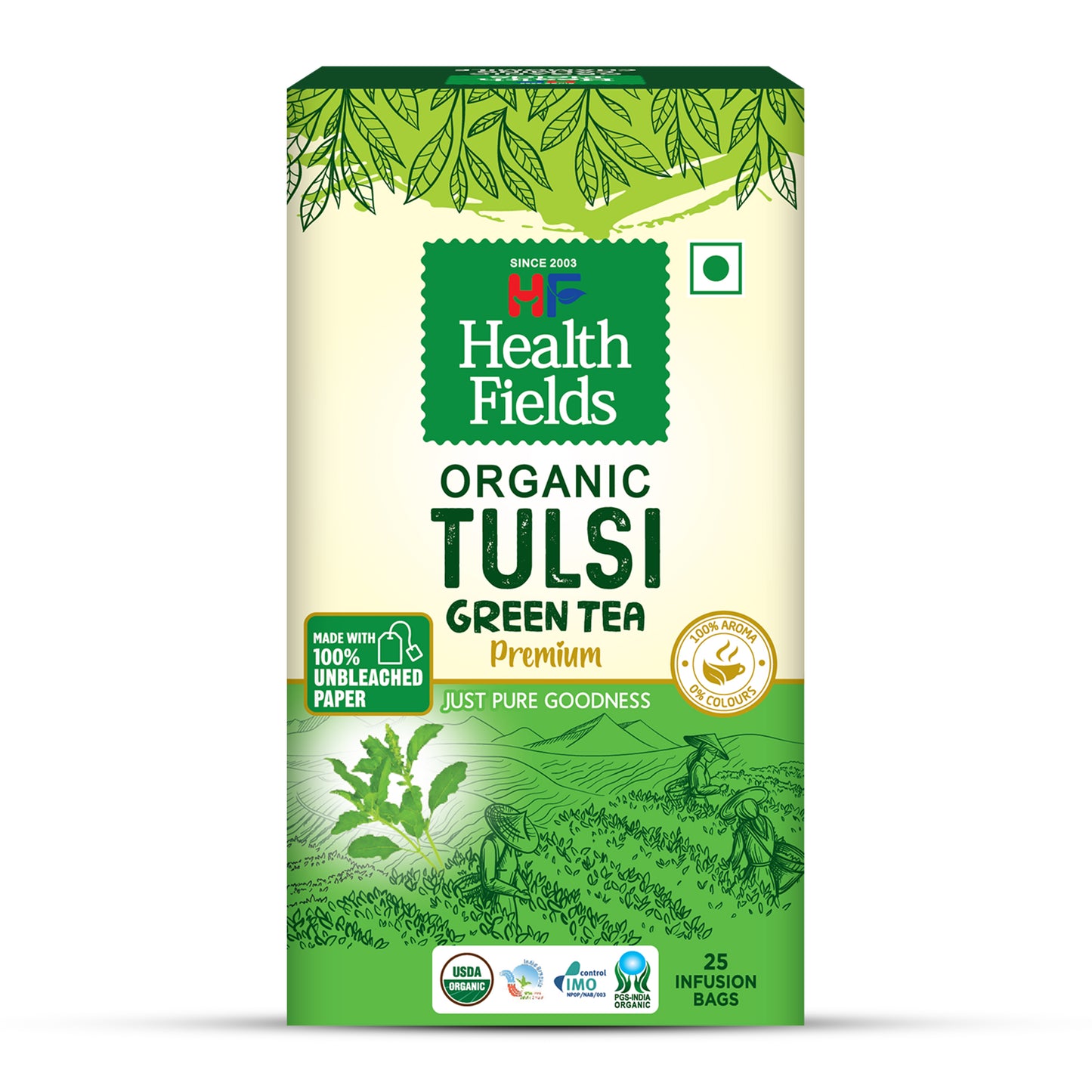 HealthFields Organic Tulsi Green Tea Premium | 25 Tea Bags