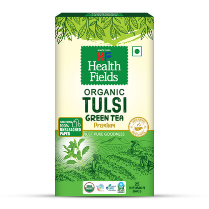 HealthFields Organic Tulsi Green Tea Premium | 25 Tea Bags