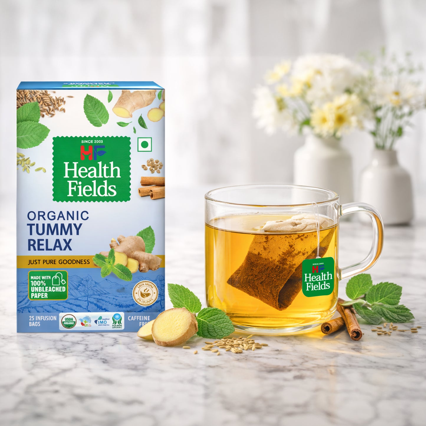 HealthFields Organic Tummy Relax | Herbal Infusion Tea | 25 Tea Bags