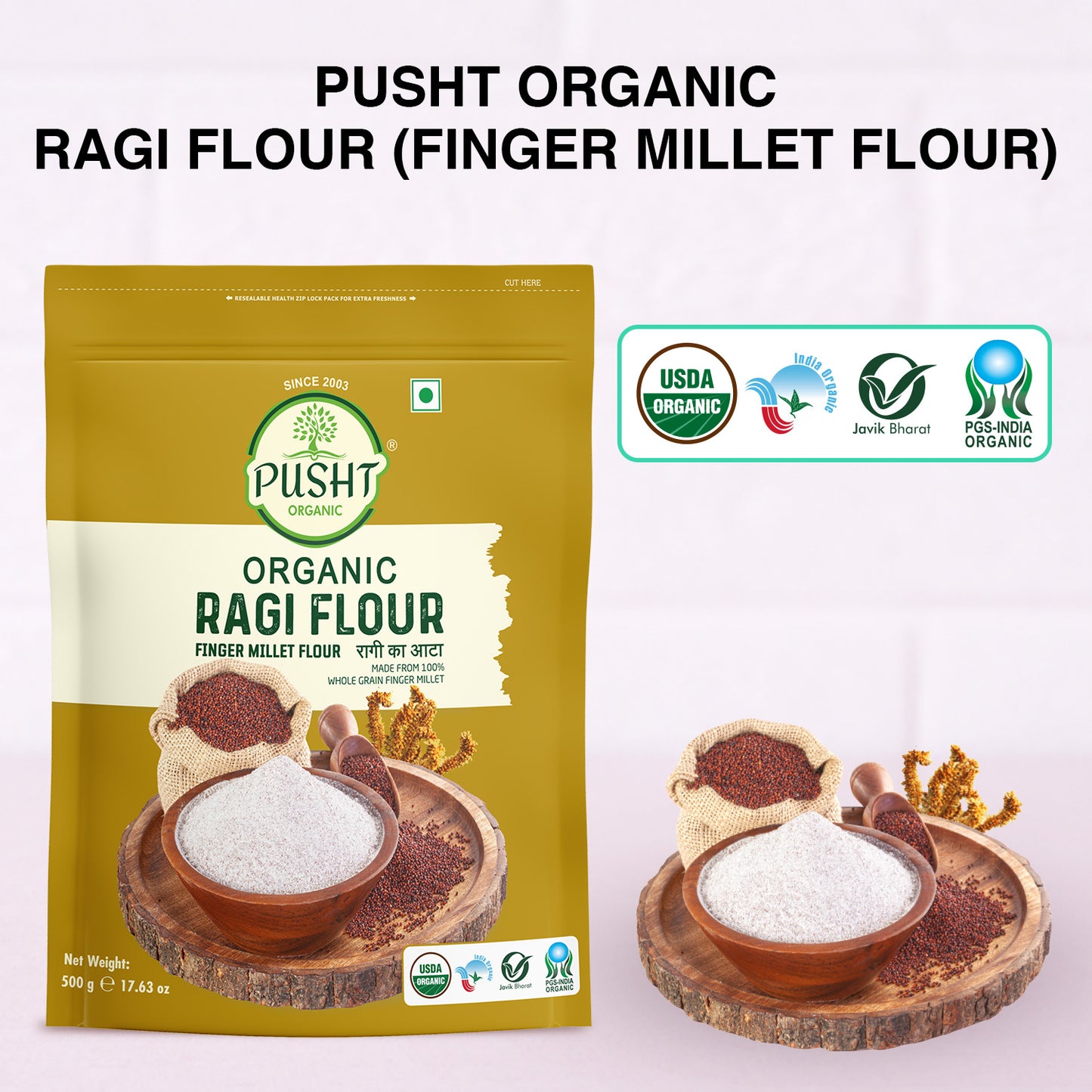 Pusht Organic Ragi Flour, Finger Millet Atta 500gm (1500gm, Pack Of 3)