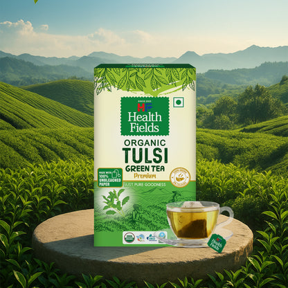 HealthFields Organic Tulsi Green Tea Premium | 25 Tea Bags
